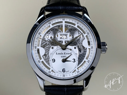 Louis Erard 1931 Dual Time Grande Date White Dial SS Auto Watch 94205 w/ B&P