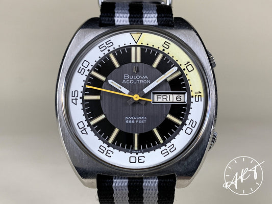 1970s Accutron Snorkel Yellow & White Bezel Multicolor Dial Tuning Fork Watch