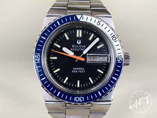 1970s Accutron Snorkel Blue/White Bezel Black Dial Tuning Fork Euro Edition Watch