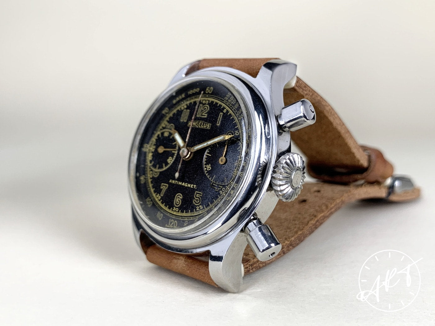Vintage 1940s Angelus Chronograph Black Gilt Dial SS Manual Military Watch