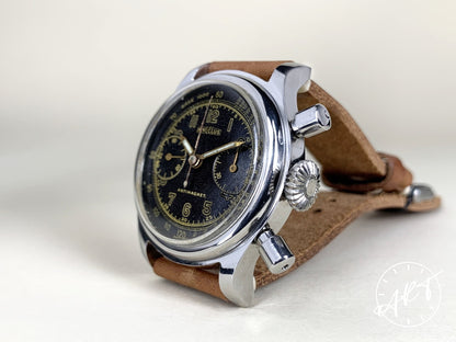 Vintage 1940s Angelus Chronograph Black Gilt Dial SS Manual Military Watch