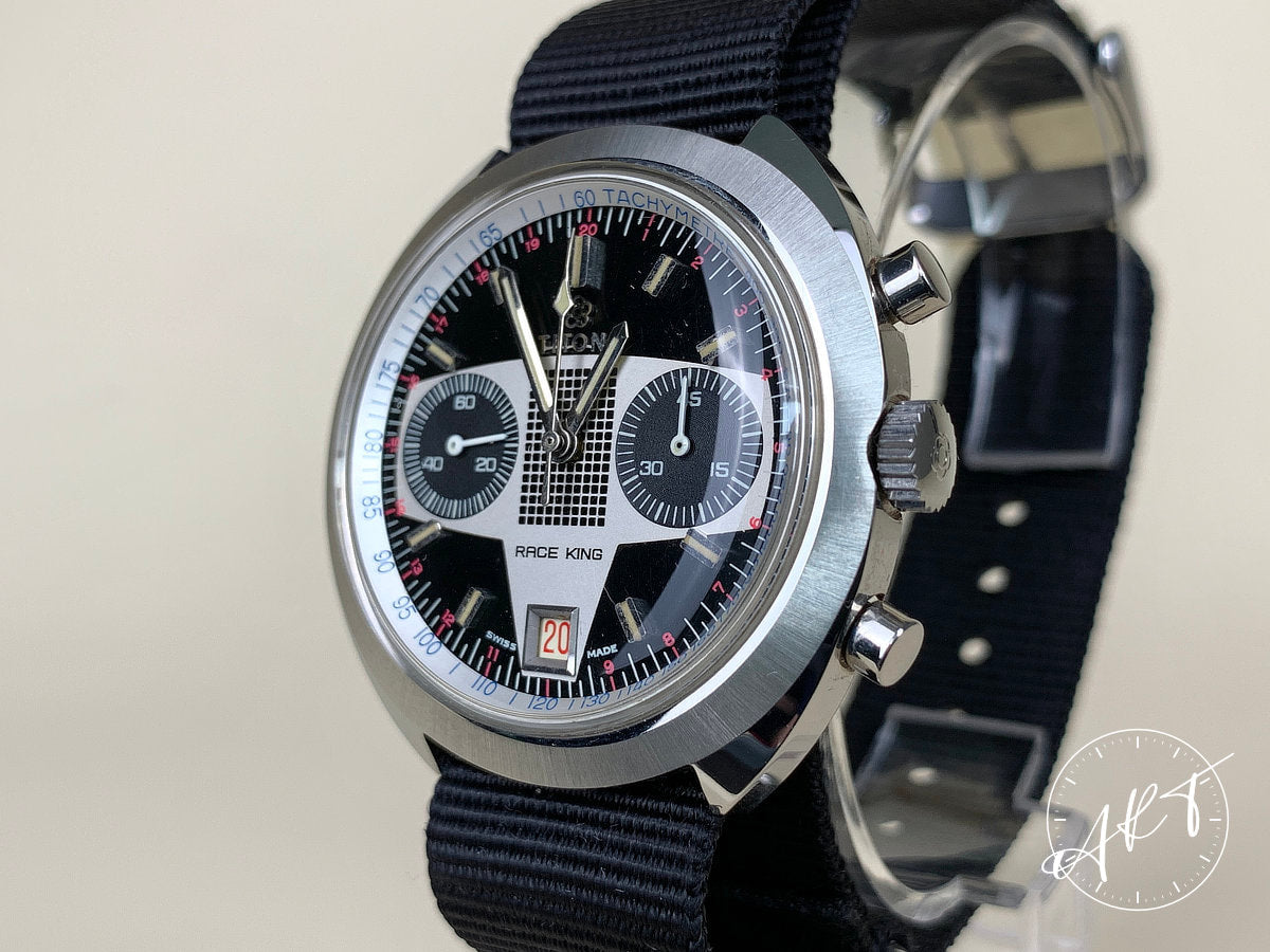 NOS Vintage 1970s Titoni Race King Val 7734 Chrono Black Dial SS Manual Watch