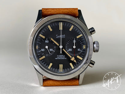 Vintage 1970s Sabina Val 7730 17 Jewels Chrono Jumbo Black Dial SS Pilot Watch