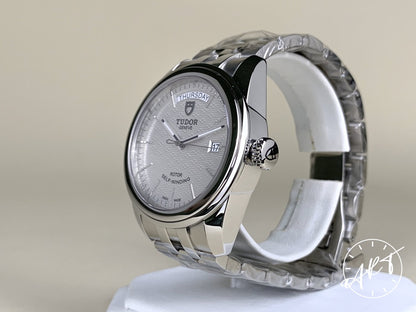 NEW Tudor Glamour Day-Date Silver Jacquard Dial SS Auto Watch 56000-0003 w/ B&P