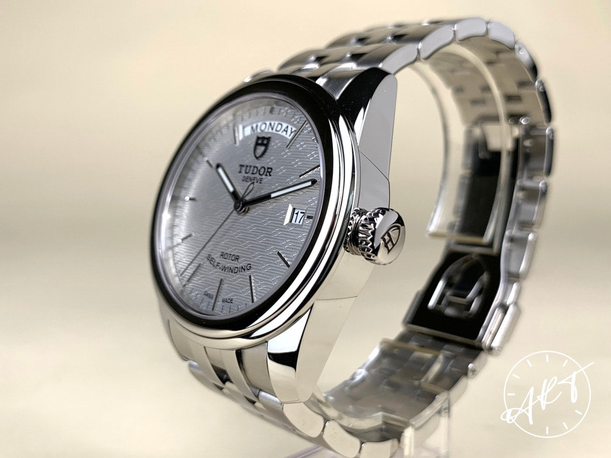 NEW Tudor Glamour Day-Date Silver Jacquard Dial SS Auto Watch 56000-0003 w/ B&P