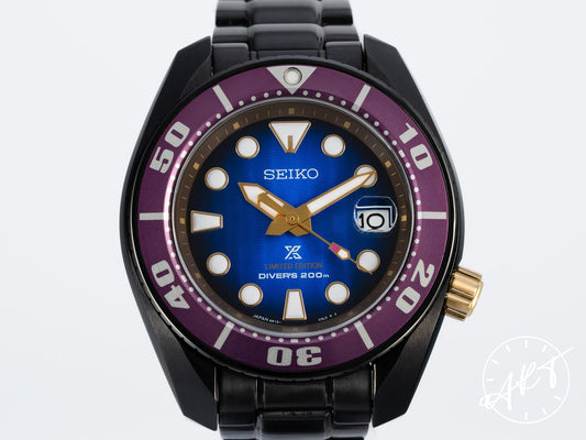 Seiko Prospex Purple Bezel Blue Dial Black PVD-Coated Stainless Steel Automatic Zimbe Purple Sumo Limited Edition Diver Watch SPB055J
