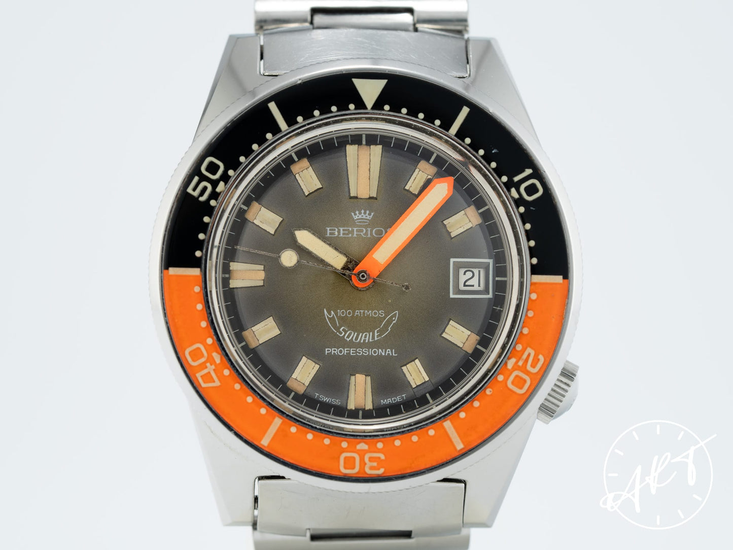 Vintage Berios x Squale 100 ATMOS Black & Orange Bezel Brown Dial SS Auto Watch