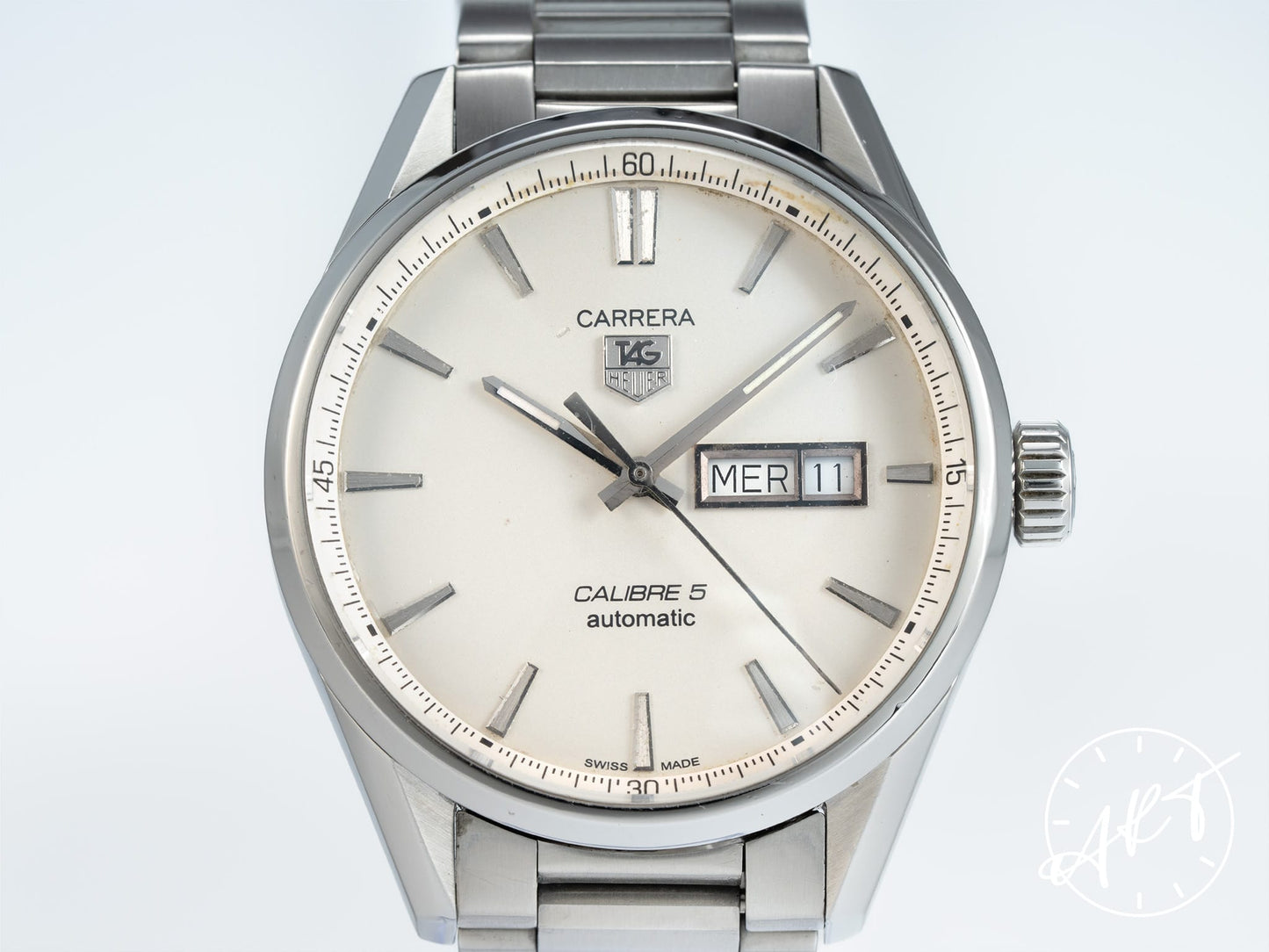 TAG Heuer Carrera Day-Date Silver Dial Stainless Steel Automatic Watch WAR201B