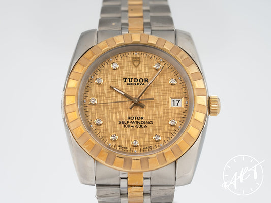 NEW Tudor Classic Gold Linen Diamond Dial 18K Gold & SS Watch 21013 w/Box