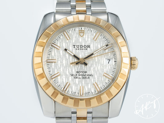 Tudor Classic Date Silver Linen Dial Two-Tone 18K Gold & SS Auto Watch 21013 BP