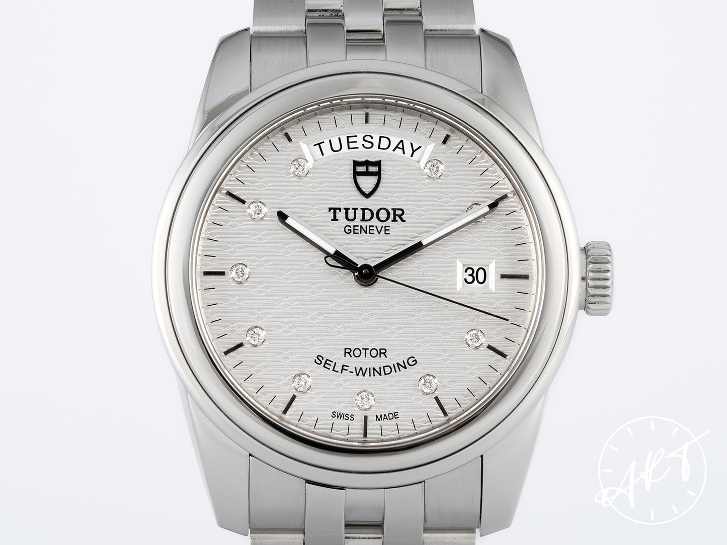 Tudor Glamour Day-Date Day-Date Silver Diamond Dial Stainless Steel Automatic Watch 56000 + Receipt