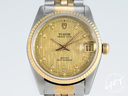 Tudor Prince Date Gold Linen Diamond Dial 18K Gold & Stainless Steel Auto Watch