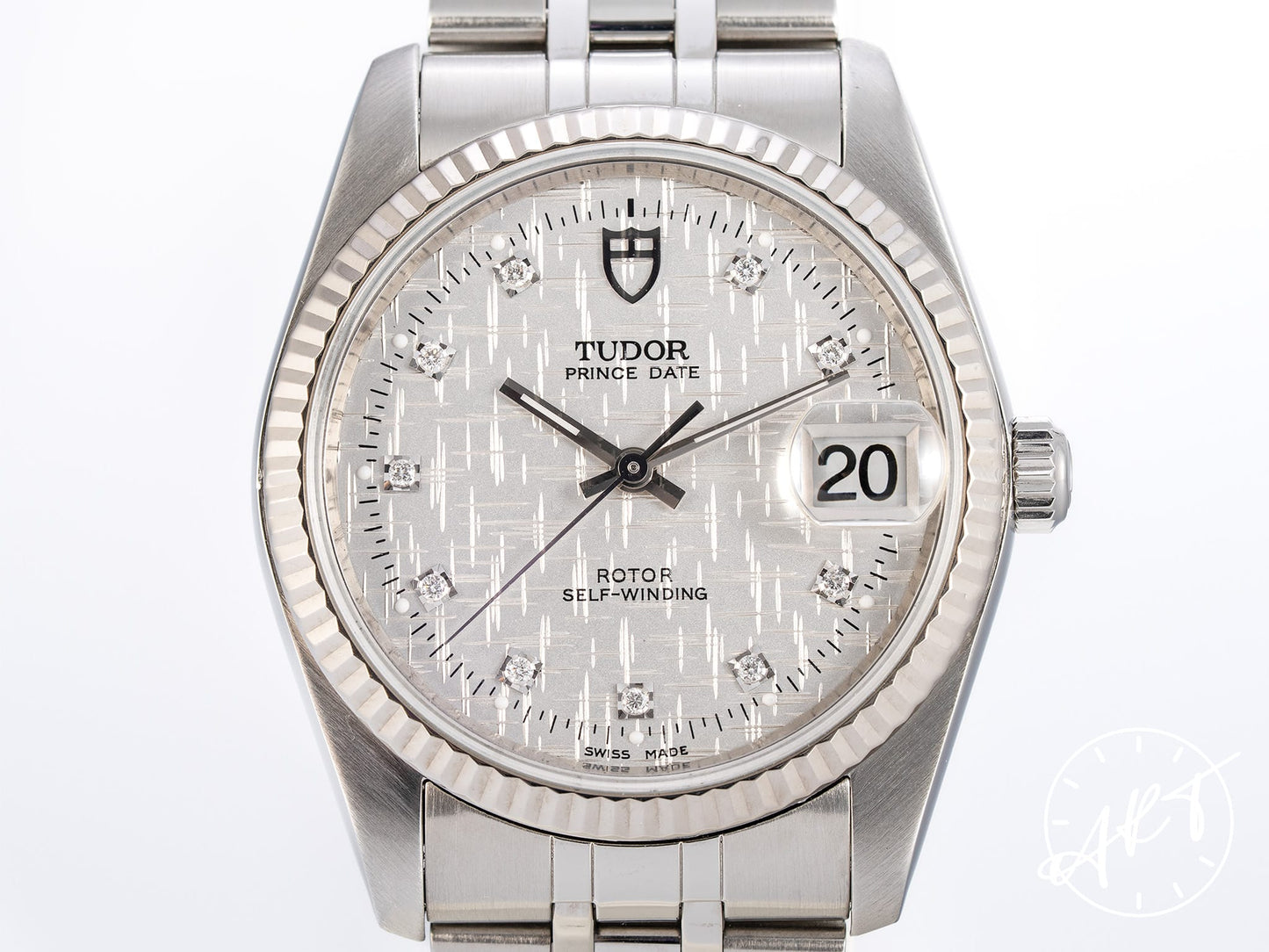 Tudor Prince Date Silver Linen Diamond Dial 18K WG & SS Auto Watch 74034