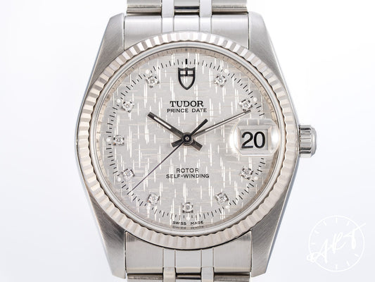 Tudor Prince Date Silver Linen Diamond Dial 18K WG & SS Auto Watch 74034