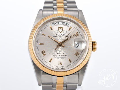 Tudor Prince Day-Date Silver Logo Dial 18K Gold & SS 50th Anniv Watch 76213 w/ Paper