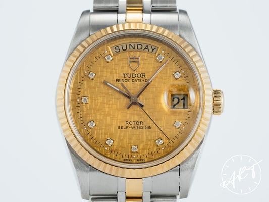 Tudor Prince Day-Date Gold Linen Diamond Dial 18K Gold & SS Watch 76213