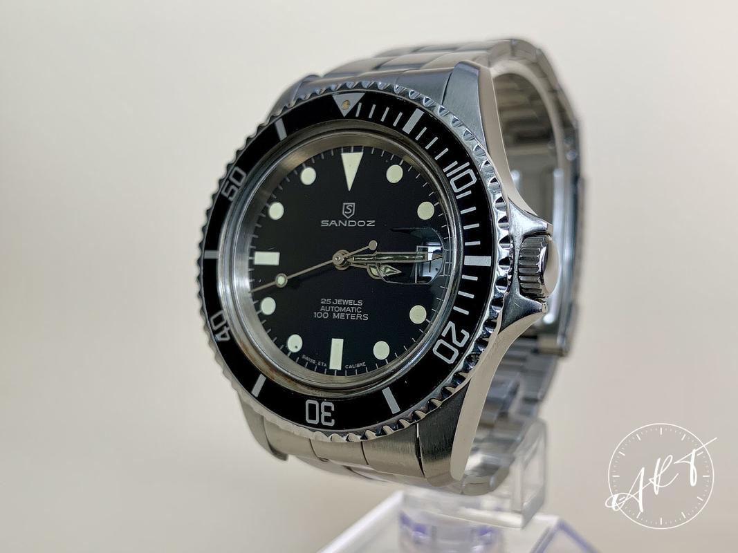 Vintage Sandoz Jumbo Diver PCG 100 Meters 25 Jewels Automatic Watch